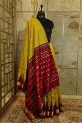 Olive green Kanjivaram Silk Saree with Maroon Temple Border